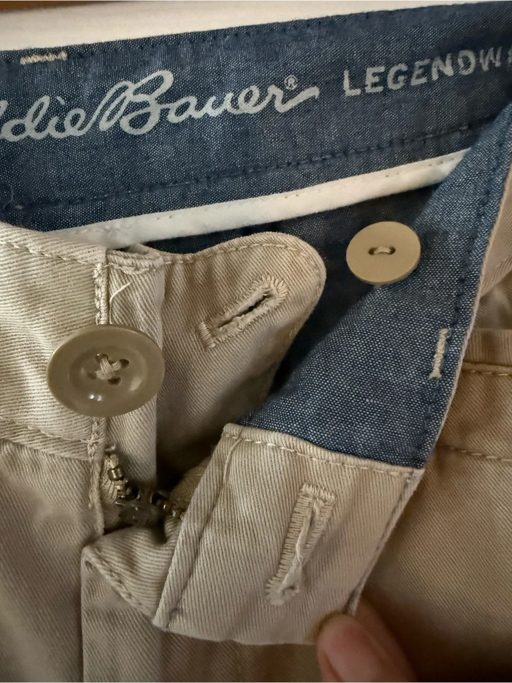 Eddie Bauer Legendwash Cotton Tan Khaki Pants with Blue Waistband Detail - Picture 2 of 8